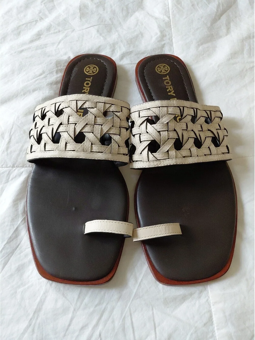 Tory Burch Cream and Brown Woven Thong Slides Size 8.5 EUC #753